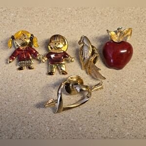 Bundle Of Vintage Pins Kids Apple Bird Heart Costume Jewelry